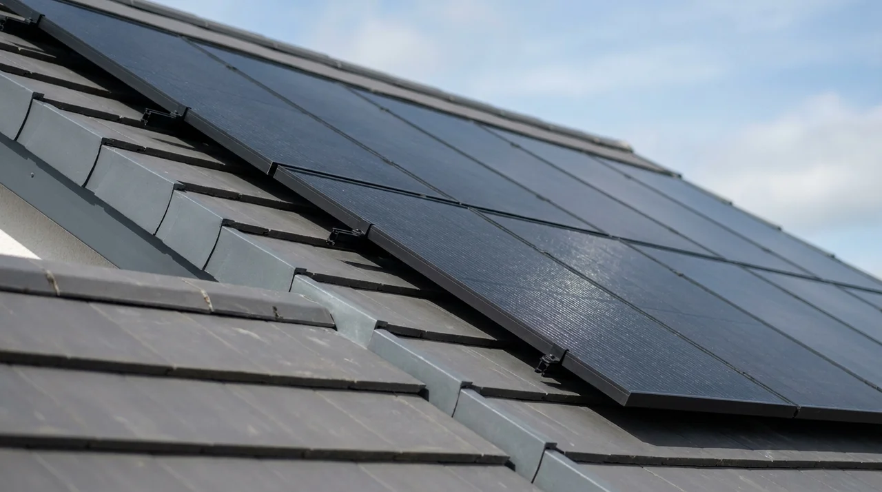 Modern UK home with solar panels installed on roof by Maybury Energy Services